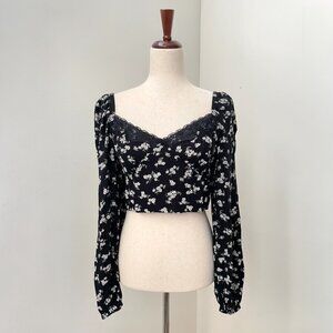 BP Nordstrom Top Womens M Black Floral Lace Trim Cropped Whimsigoth Coquette